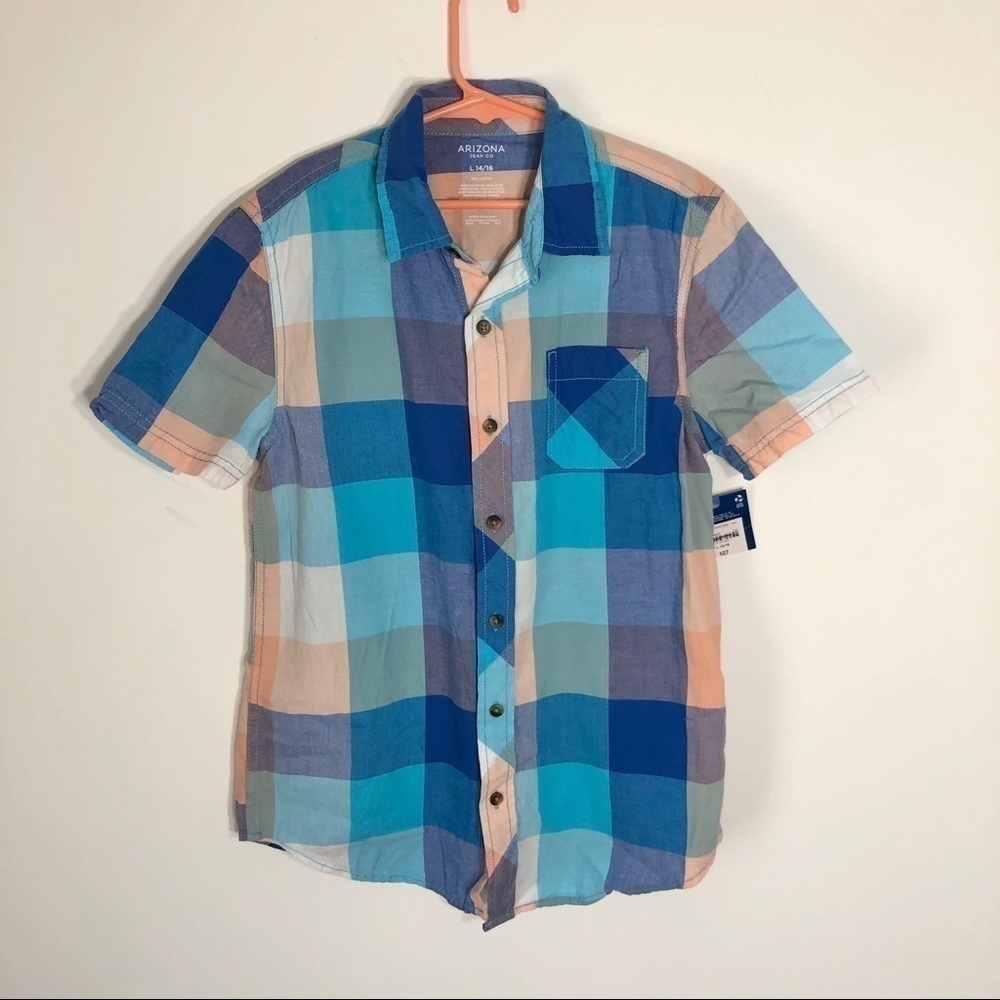 Arizona Blue Peach Plaid Button Down Shirt NWT Large Spring Easter